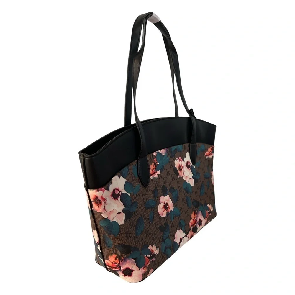 London Fog Floral Logo Tote Bag Brown Black Gold Large Shoulder Handbag